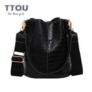 TTOU Fashion Alligator Shoulder Bag For Women's Large capacity PU Leather Hand Bag Student Ladies Retro Bags Bucket Handbag