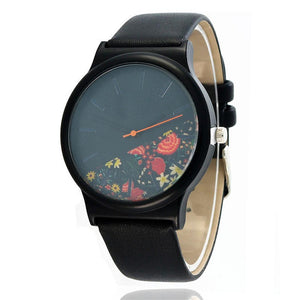 Women Fashion Matte black Half Floral Pointer Pin-Buckle Round Dial Quartz Watch Casual 3.8cm/1.5inch